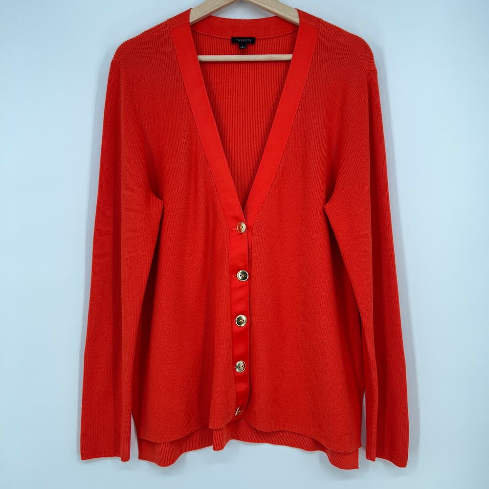 Talbots Cardigan Sweater Womens L Orange V Neck Ribbed Knit Gold Toned Button